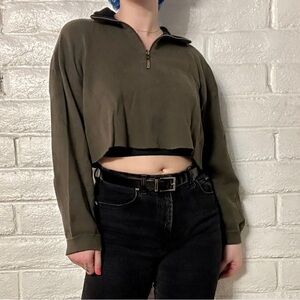 Olive Green Women's Cropped Quarter Zip-Up Top